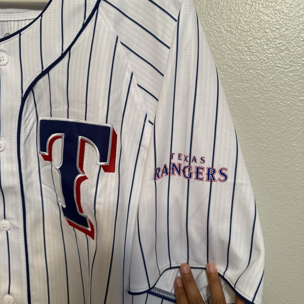 Texas Rangers Dynasty Baseball Jersey Men White Stripe Button Short Sleeve MLB M - Picture 4 of 7